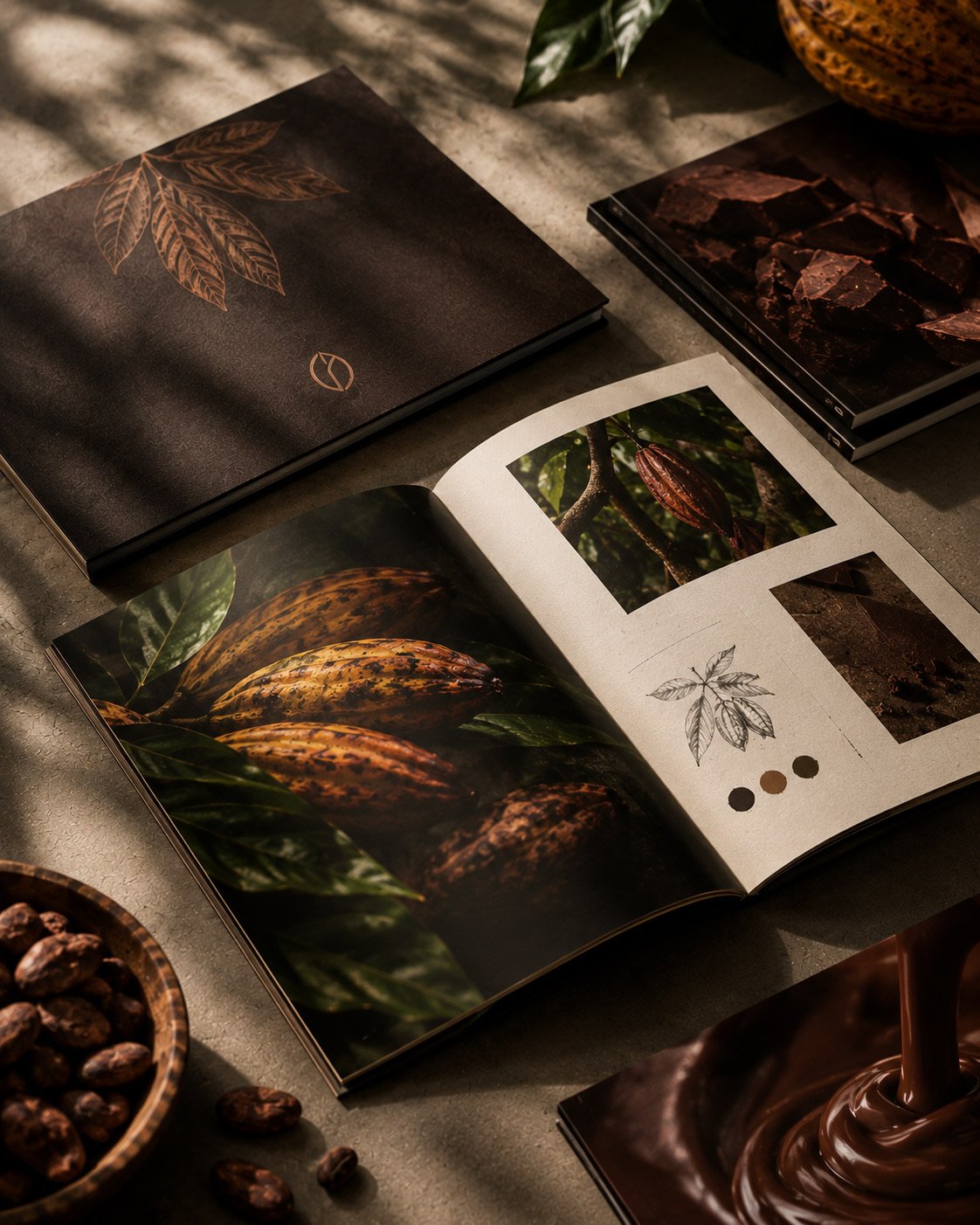 Páginas de catálogo com fotografia de chocolate